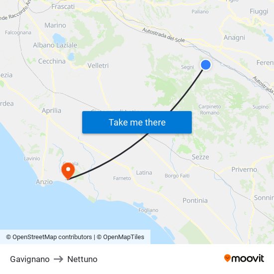 Gavignano to Nettuno map