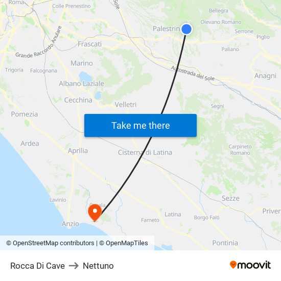 Rocca Di Cave to Nettuno map