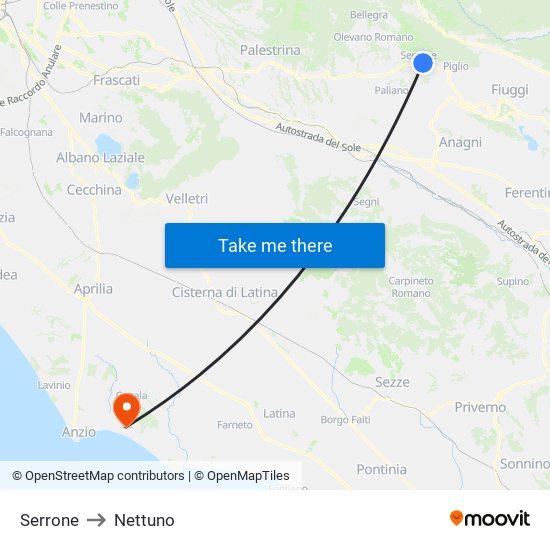 Serrone to Nettuno map