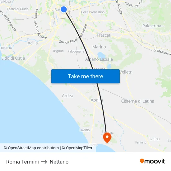 Roma Termini to Nettuno map