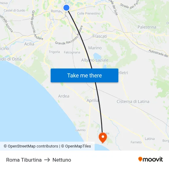 Roma Tiburtina to Nettuno map