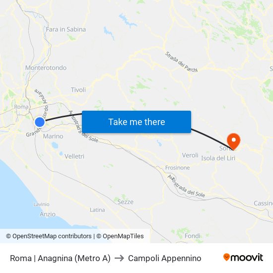 Roma | Anagnina (Metro A) to Campoli Appennino map