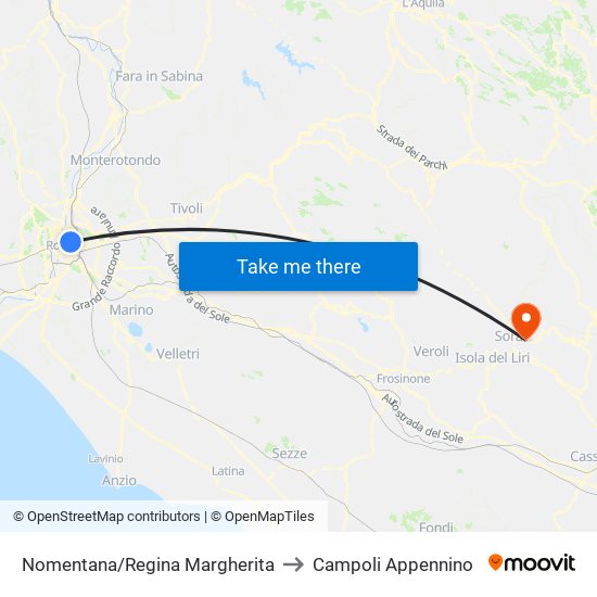 Nomentana/Regina Margherita to Campoli Appennino map