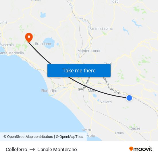 Colleferro to Canale Monterano map