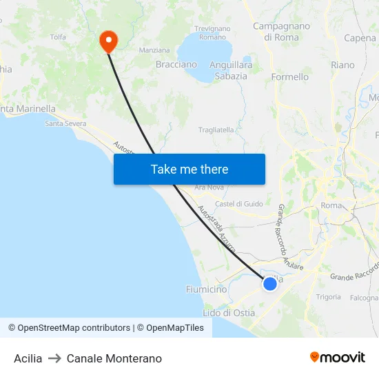 Acilia to Canale Monterano map