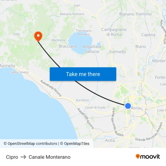 Cipro to Canale Monterano map