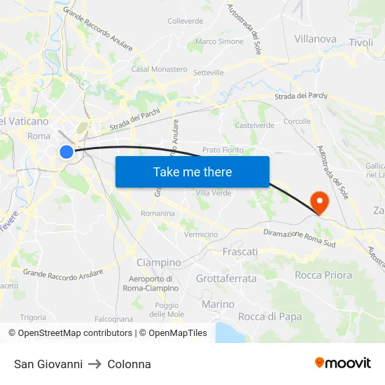 San Giovanni to Colonna map