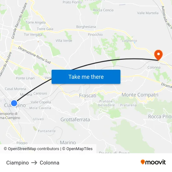 Ciampino to Colonna map