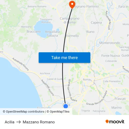 Acilia to Mazzano Romano map