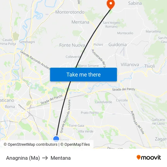 Anagnina (Ma) to Mentana map