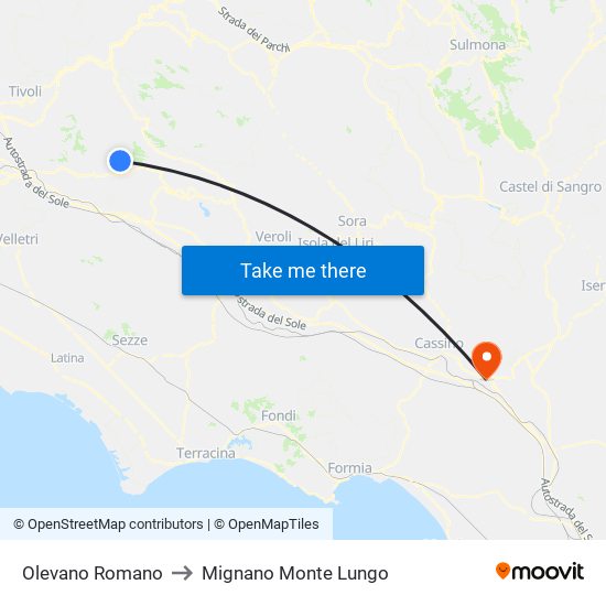 Olevano Romano to Mignano Monte Lungo map