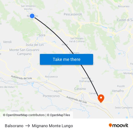 Balsorano to Mignano Monte Lungo map