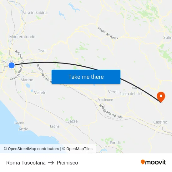 Roma Tuscolana to Picinisco map