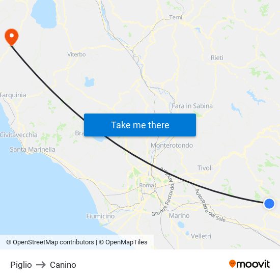 Piglio to Canino map