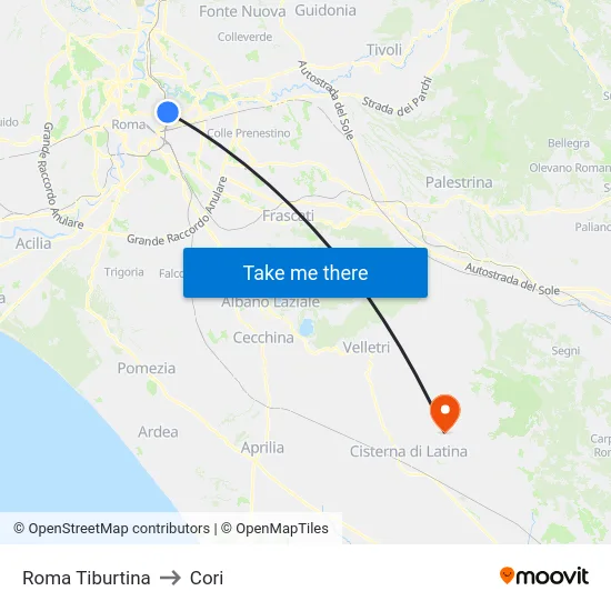 Roma Tiburtina to Cori map
