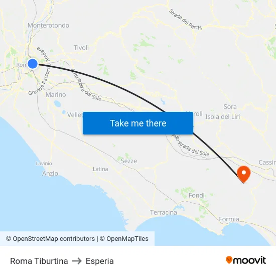 Roma Tiburtina to Esperia map