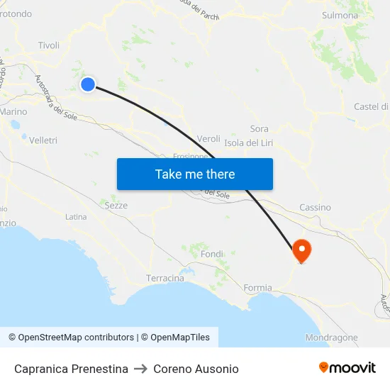 Capranica Prenestina to Coreno Ausonio map