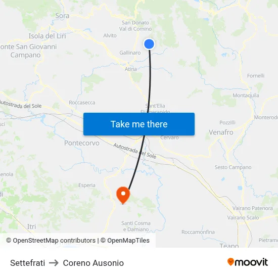 Settefrati to Coreno Ausonio map