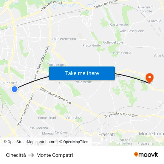 Cinecittà to Monte Compatri map