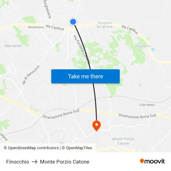 Finocchio to Monte Porzio Catone map