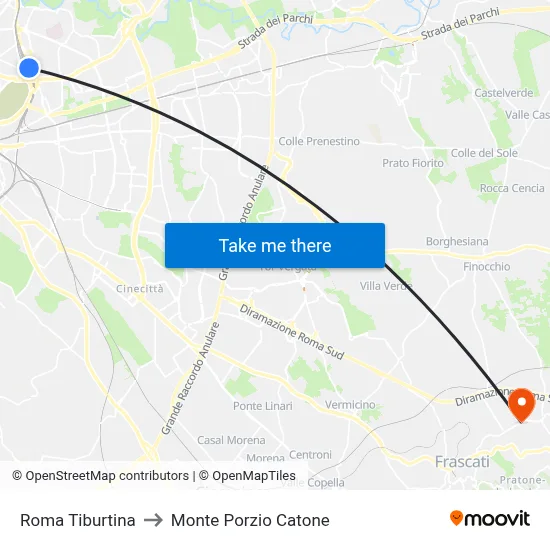 Roma Tiburtina to Monte Porzio Catone map
