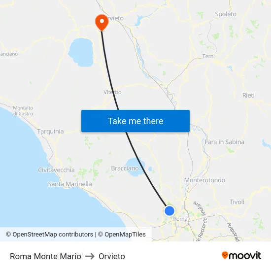 Roma Monte Mario to Orvieto map