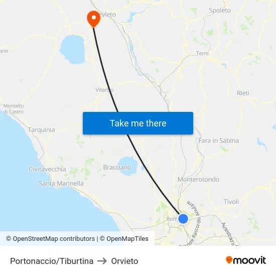 Portonaccio/Tiburtina to Orvieto map
