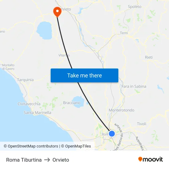 Roma Tiburtina to Orvieto map
