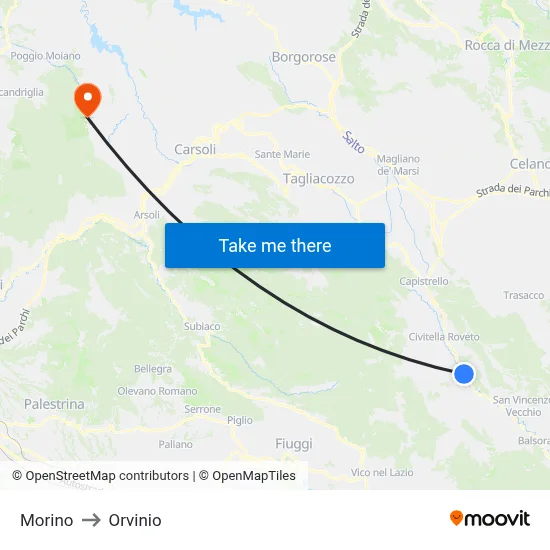 Morino to Orvinio map