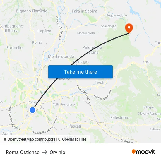 Roma Ostiense to Orvinio map