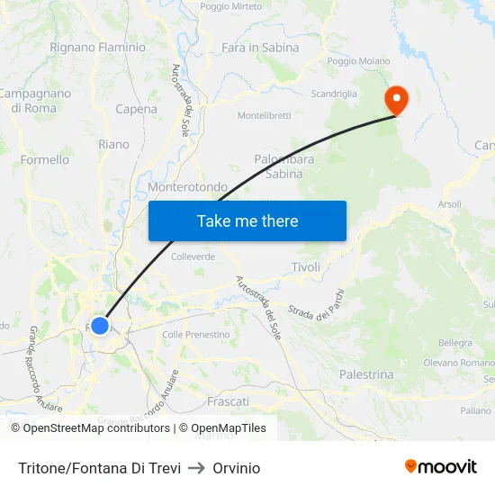 Tritone/Fontana Di Trevi to Orvinio map