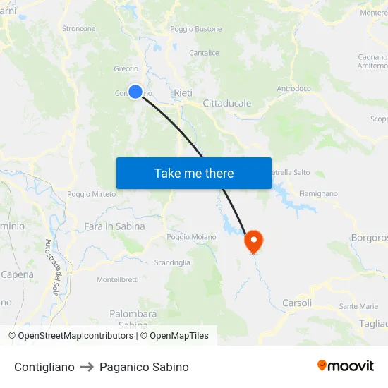 Contigliano to Paganico Sabino map