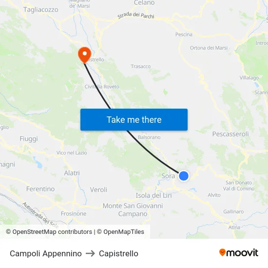 Campoli Appennino to Capistrello map
