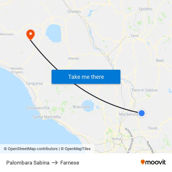 Palombara Sabina to Farnese map