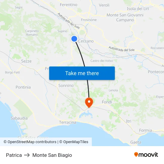 Patrica to Monte San Biagio map