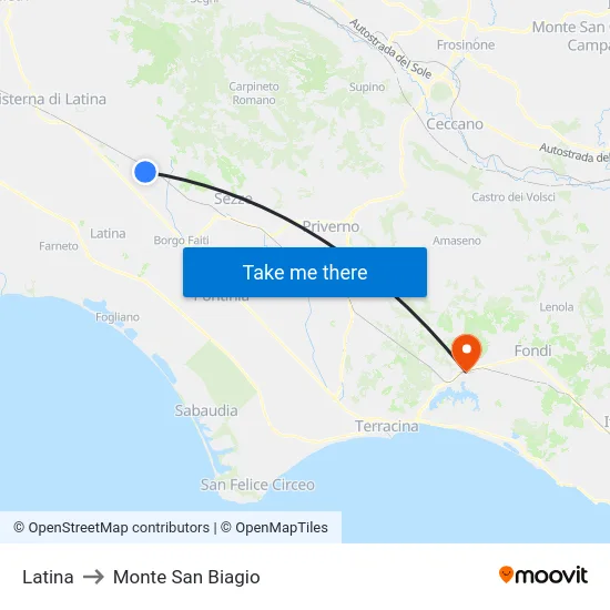 Latina to Monte San Biagio map