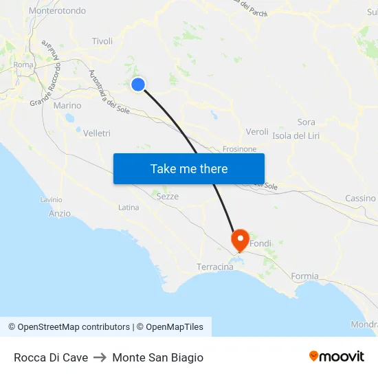 Rocca Di Cave to Monte San Biagio map