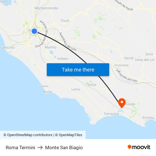 Roma Termini to Monte San Biagio map