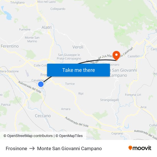 Frosinone to Monte San Giovanni Campano map