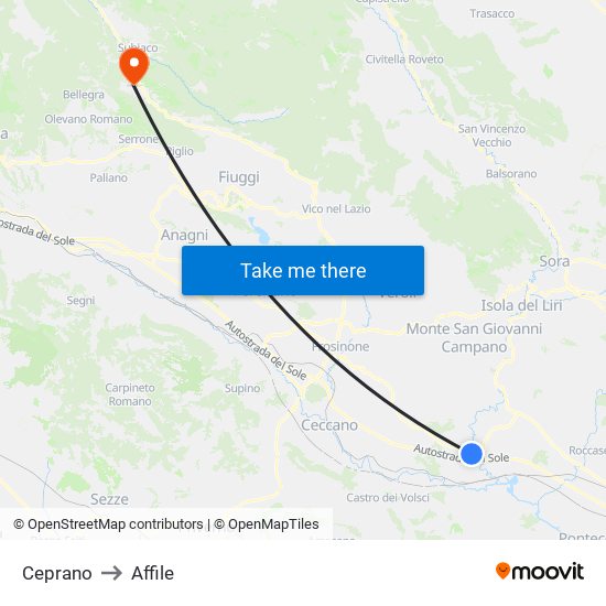 Ceprano to Affile map