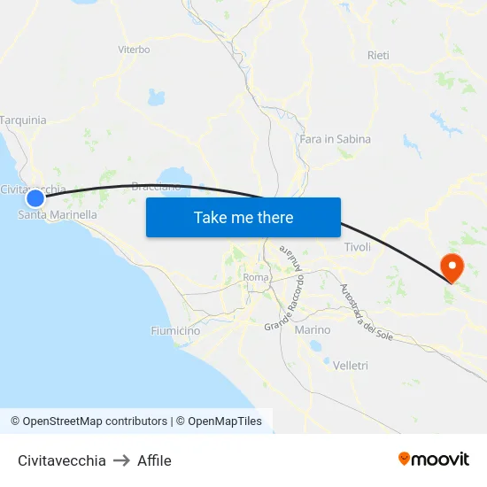 Civitavecchia to Affile map