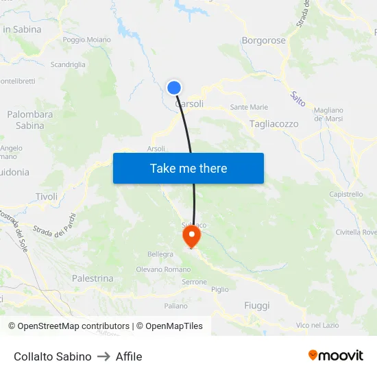 Collalto Sabino to Affile map