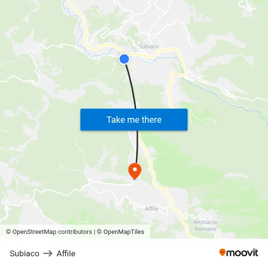 Subiaco to Affile map