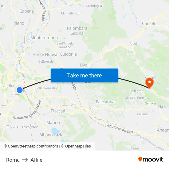 Roma to Affile map