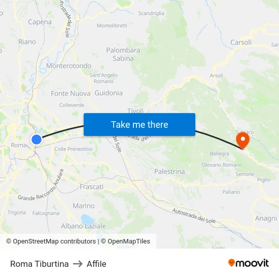 Roma Tiburtina to Affile map