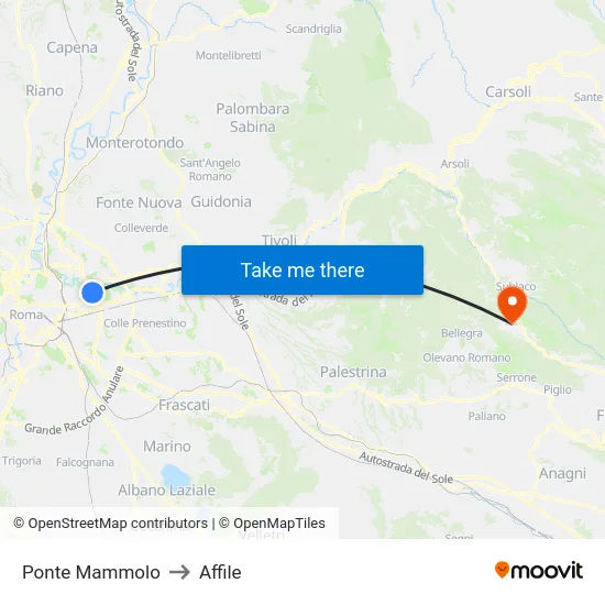 Ponte Mammolo to Affile map