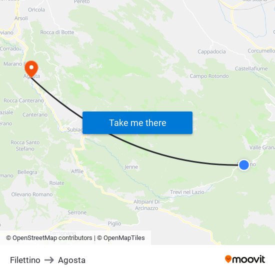 Filettino to Agosta map