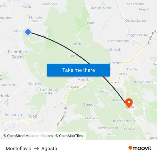 Monteflavio to Agosta map