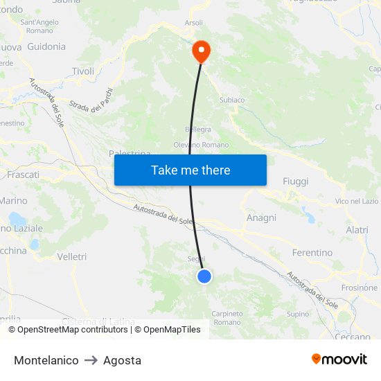 Montelanico to Agosta map
