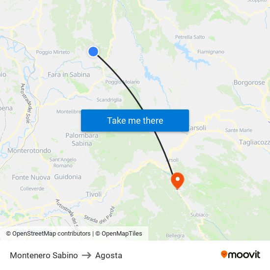 Montenero Sabino to Agosta map